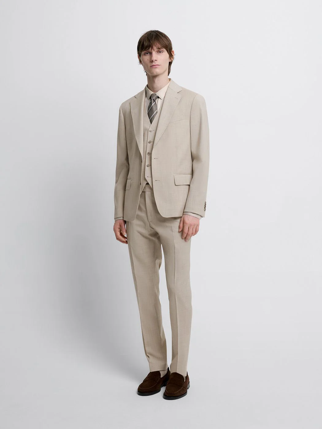 Costume 3 pièces slim en laine beige clair