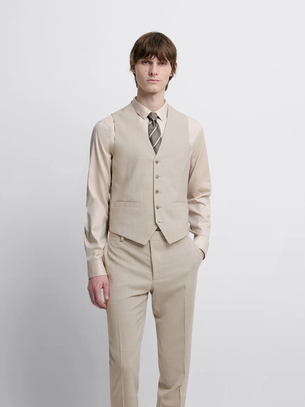Costume 3 pièces slim en laine beige clair - Image 8